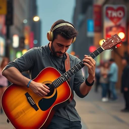 Artista di strada che suona una chitarra acustica, ripreso con un focus sull'emozione per un video musicale