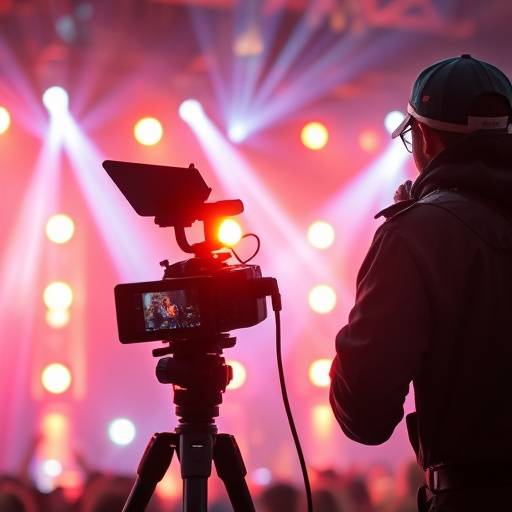 Operatore che filma un concerto con luci dinamiche sullo sfondo