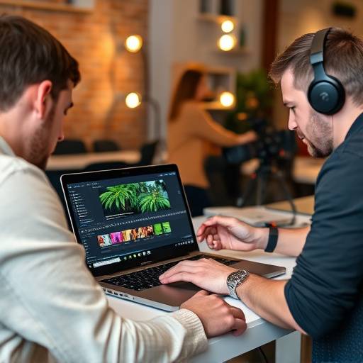 Professionisti del video che montano riprese su un computer portatile.