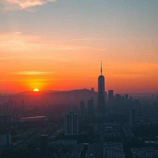 Scena cinematografica di un paesaggio urbano al tramonto per un progetto di video aziendale