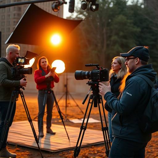 Squadra di Video Studio Lumina durante una ripresa all'aperto con attrezzature professionali.