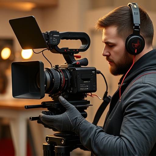 Tecnico che monta una telecamera professionale per una ripresa cinematografica