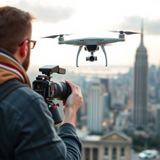 Un operatore di ripresa che dirige un drone sopra un paesaggio urbano.