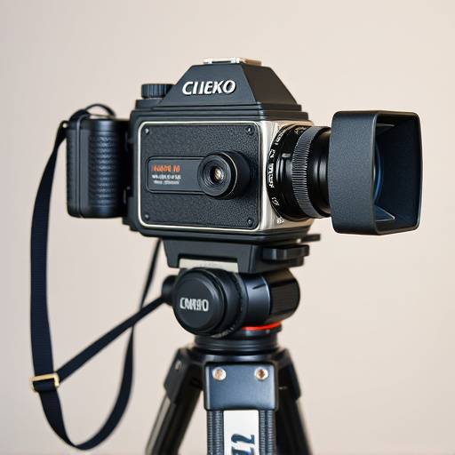 Una fotocamera cinematografica vintage posizionata su un treppiede.