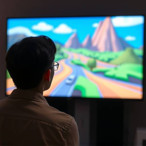 Una persona che guarda uno schermo con grafiche animate.